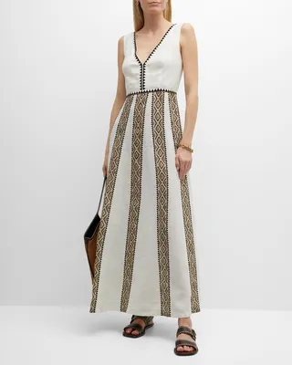 Aurora Paestum-Embroidered Linen Maxi Dress