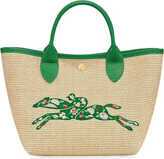 Embroidered Straw-Effect Canvas Tote