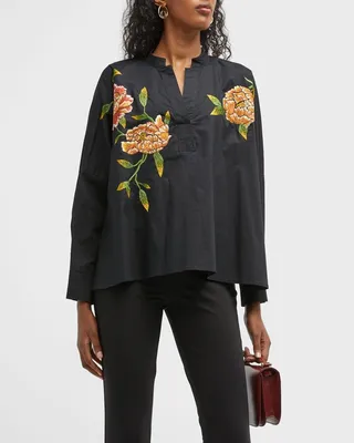 Floral-Embroidered Poplin Caftan Shirt