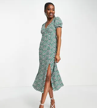 Ever New frill sleeve midi tea dress in green floral