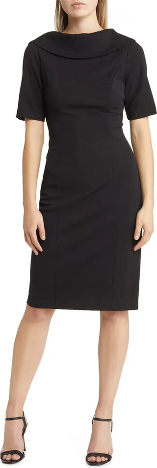 Foldover Neck V-Back Sheath Dress