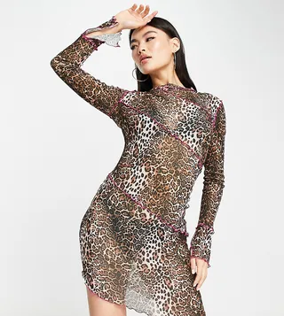 AsYou exposed seam asymmetric mesh mini dress in leopard print