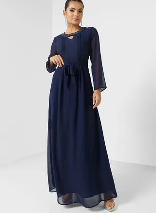 Embellished Neck A-Line Dress