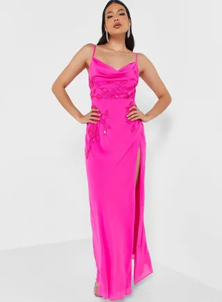 Cowl Neck Embellished Detail Dress