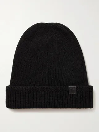Leather-Trimmed Ribbed Cashmere Beanie
