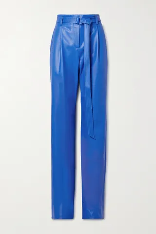 LAPOINTE - Belted Pleated Faux Leather Straight-leg Pants - Blue