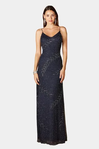 Beaded Spaghetti Strap Full length Gown