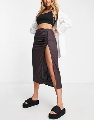 ASOS DESIGN drapey button side thigh slit midi skirt in chocolate