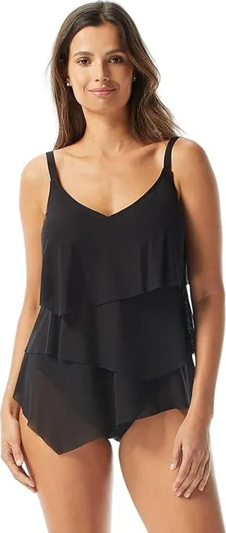 COCO REEF Classic Solid Bra Sized Tiered Mesh Tankini (Cast Black) Women's Swimwear