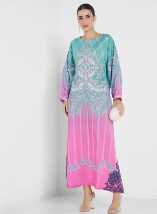 Button Detail Side Slit Printed Jalabiya