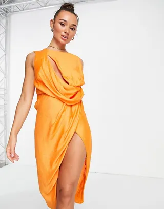 ASOS DESIGN drape bodice midi dress with slit detail in orange