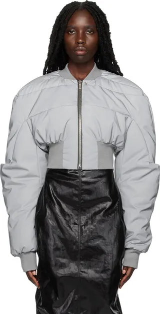 Rick Owens Gray Girdered Cropped Down Bomber Jacket