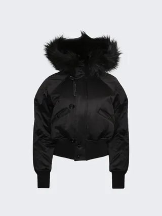 Bomber Jacket in Satin and Animal Free Fur Black