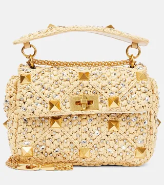 Roman Stud Medium embellished raffia shoulder bag