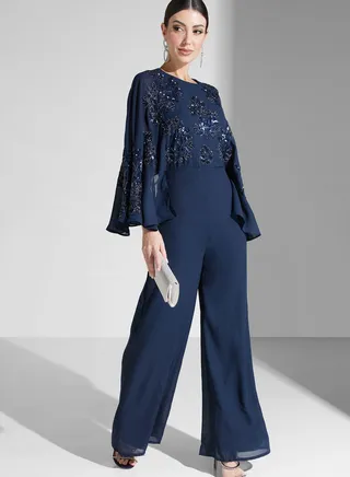 Cape Sleeve Embellished Jumpsuit
