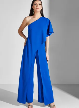 One Shoulder Ruffle Sleeve Jumpsuit