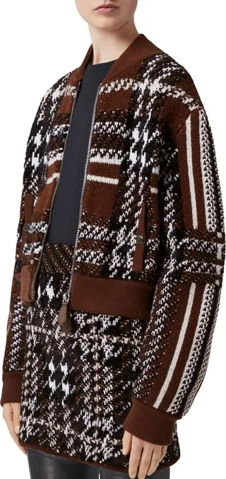 Jacquard Houndstooth Knit Bomber Jacket