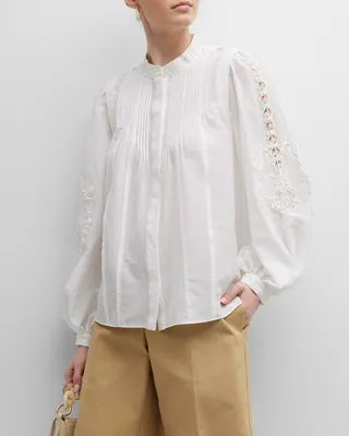 Camellia Embroidered Pintuck Cotton-Silk Blouse