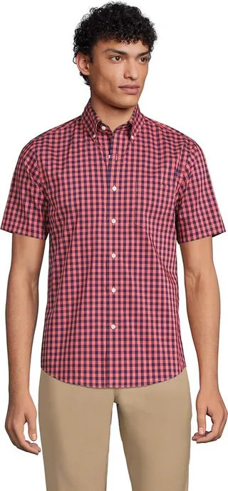 Lands' End Men's Tall Short Sleeve Traditional Fit Comfort-First Shirt with Coolmax - Medium Tall - Sea Cliff Blue Gingham