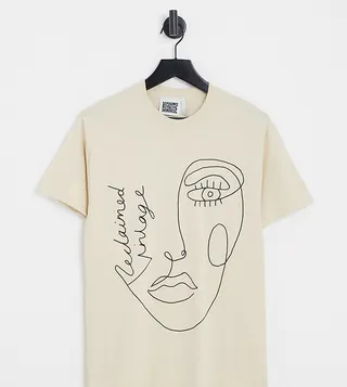 Reclaimed Vintage Inspired line drawing face t-shirt in charcoal