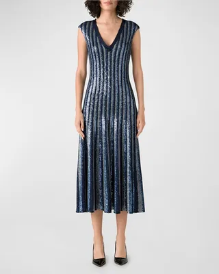 Degrade Stripe Sequin V-Neck Midi Dress
