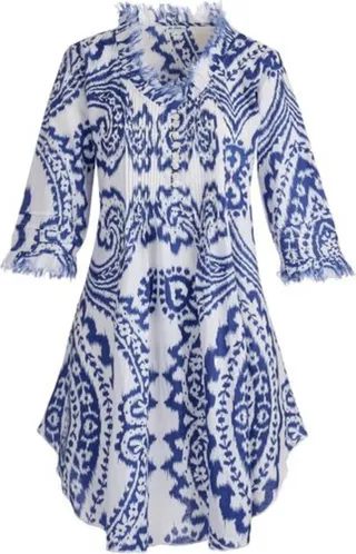 At Last... - Annabel Cotton Tunic In Blue & White Ikat