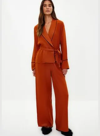 Cinnamon Piping Detailed Double Breasted Shirt-Pants Woven Pajamas Set