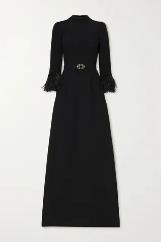 Andrew Gn - Belted Crystal And Feather-embellished Crepe Gown - Black