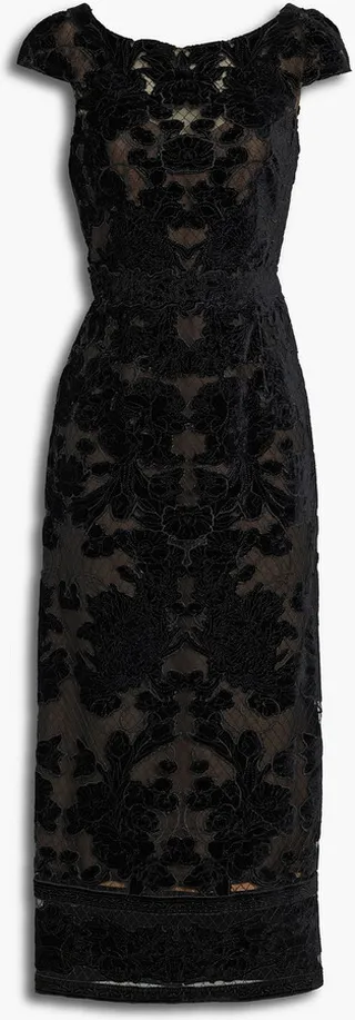 Embroidered lace-appliquéd stretch-tulle midi dress
