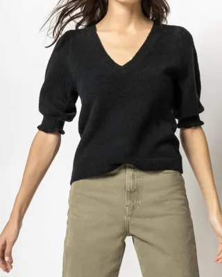 Elbow Sleeve V Neck Sweater in Black