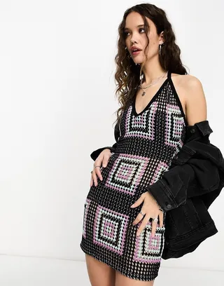 ASOS DESIGN crochet halter mini dress in black and lilac