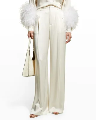 Pleated Wide-Leg Satin Pants