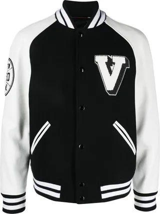 Logo-Patch Leather Sleeve Bomber Jacket