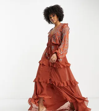 ASOS DESIGN Tall soft midi dress with button front and trailing floral embellishment in rust