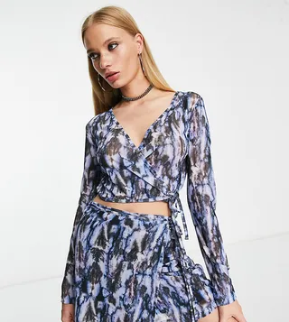 Reclaimed Vintage long sleeve mesh wrap top in washed grunge print - part of a set