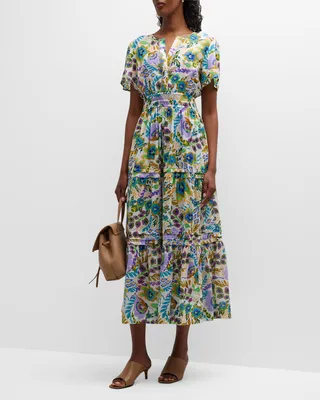 Ikat Bloom Tiered Floral Print Midi Dress