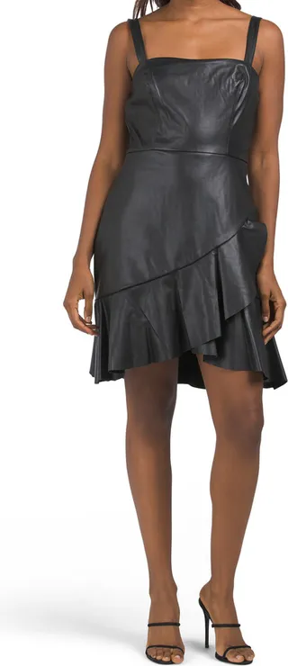 Ruffle Hem Faux Leather Dress