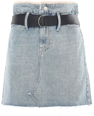 Icons shearling-trimmed belted denim mini skirt