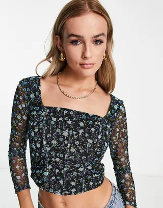 New Look corset detail mesh long sleeve floral pattern top in black