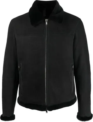 Shearling-Trim Zip-Up Suede Jacket