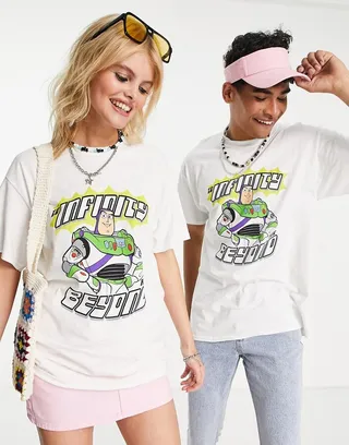 Reclaimed Vintage Inspired unisex licensed Buzz Lightyear T-shirt in white
