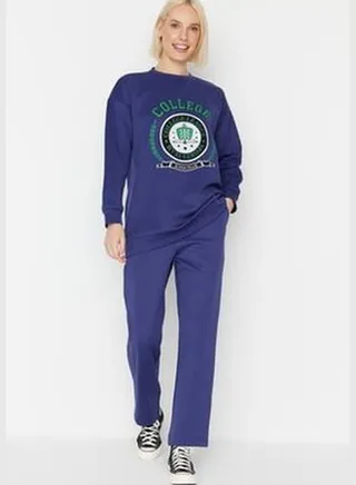 Navy Blue Printed Scuba Knitted Tracksuit Set TCTAW23EN00016