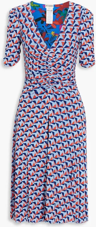 Koren reversible ruched printed stretch-mesh dress