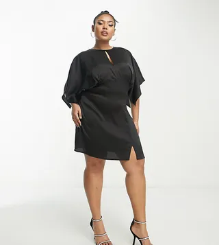 ASOS DESIGN Curve keyhole bodice satin angel sleeve mini dress in black