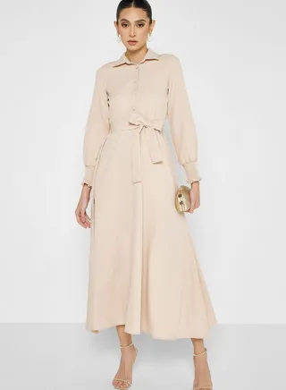 Shirred Cuff Detail A-Line Dress