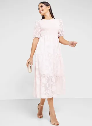 Puff Sleeve Self Textured Dress