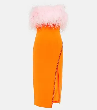 Feather-trimmed crepe midi dress