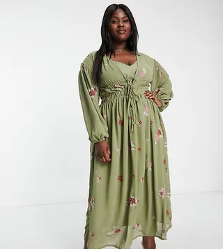 ASOS DESIGN Curve soft all over embroidered maxi dress in khaki