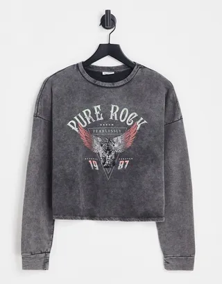 Noisy May Lenny long sleeve graphic top in black