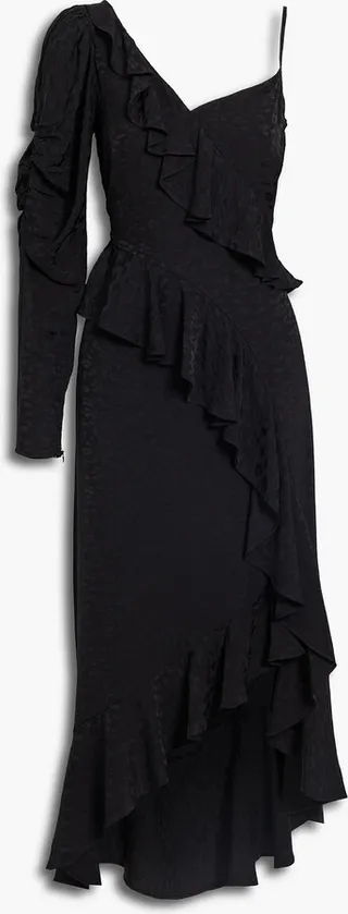 One-sleeve ruffled leopard-jacquard midi dress